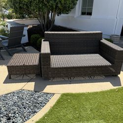 Pottery Barn, Outdoor Loveseat And Ottoman. Brown Wicker.