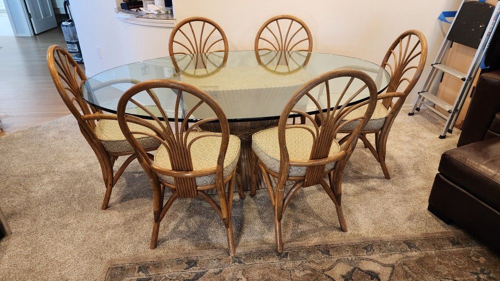 McGuire Rattan Bamboo Glass Top Dining Table and 6 Upholstered Chairs