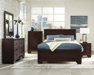 4PC QUEEN BEDROOM SET: QUEEN BED FRAME, DRESSER, MIRROR, NIGHTSTAND--DARK COCOA