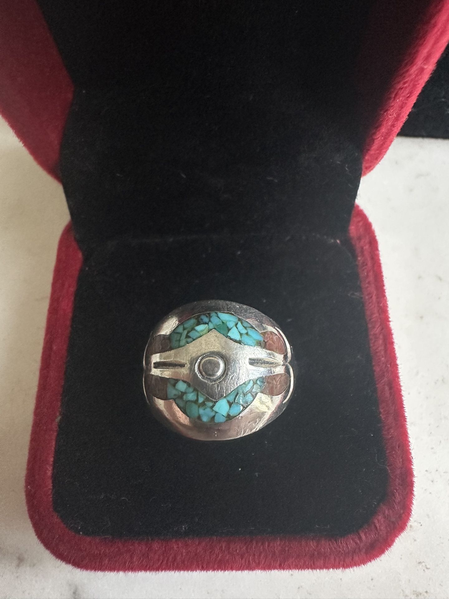 Vintage 925 Sterling Silver , Native Am. Turquoise And Coral Chip Ring Inlay , Size 8.5, Tested Sterling Silver
