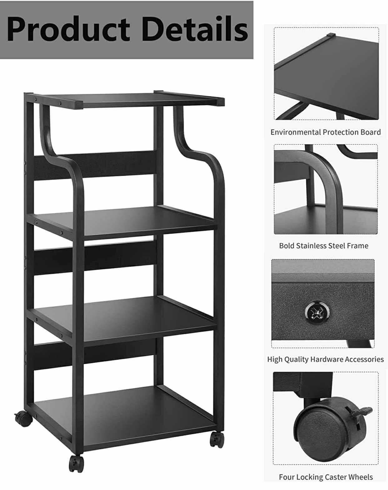 Printer Stand 4-Tier Printer Stand with Storage 41.3'' Mobile Printer Cart with Lockable Wheels Large Printer Desk (Black) Printer Stand for Desk