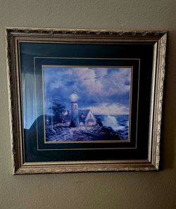 Thomas Kinkade "A Light in the Storm" Framed Lighthouse Art Print — Perfect Condition (23” x 21”)