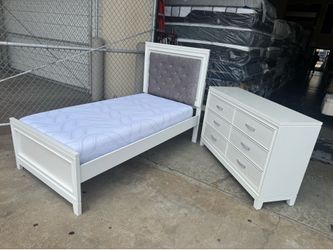 Twin bed  frame with mattress and chest