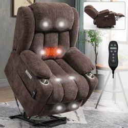 New Brown Chenille Power Lift Recliner Chair with 8-Point Vibration Massage and Lumbar Heating, USB and Type-C Ports