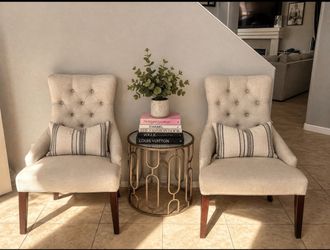 French Script Tufted Linen Accent Chairs – Set of 2