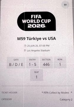 FIFA World Cup 2026 USA vs Turkey(Match 59) - Section 446 Row 1, Seat 2