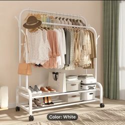 Durable Metal Clothing Rack with Double Rods And Wheels, Featuring Shelves And Hooks, Designed for Heavy-Duty Use to Hang Garments, Versatile Closet S