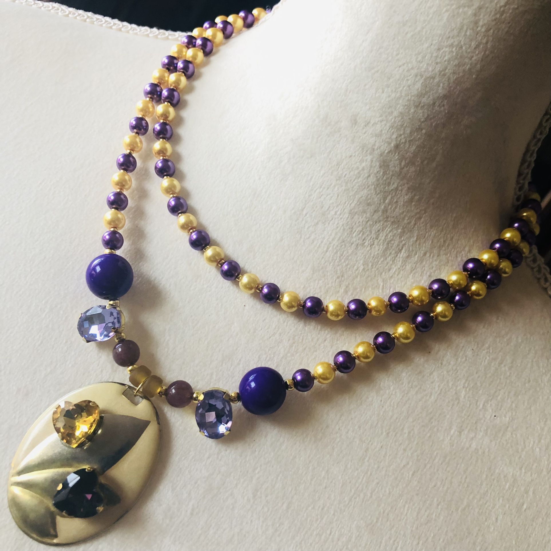 Handcrafted repurpose double strand purple and gold Czech glass