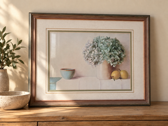 Framed Still Life Wall Art – Hydrangeas & Fruit (Wood Frame)