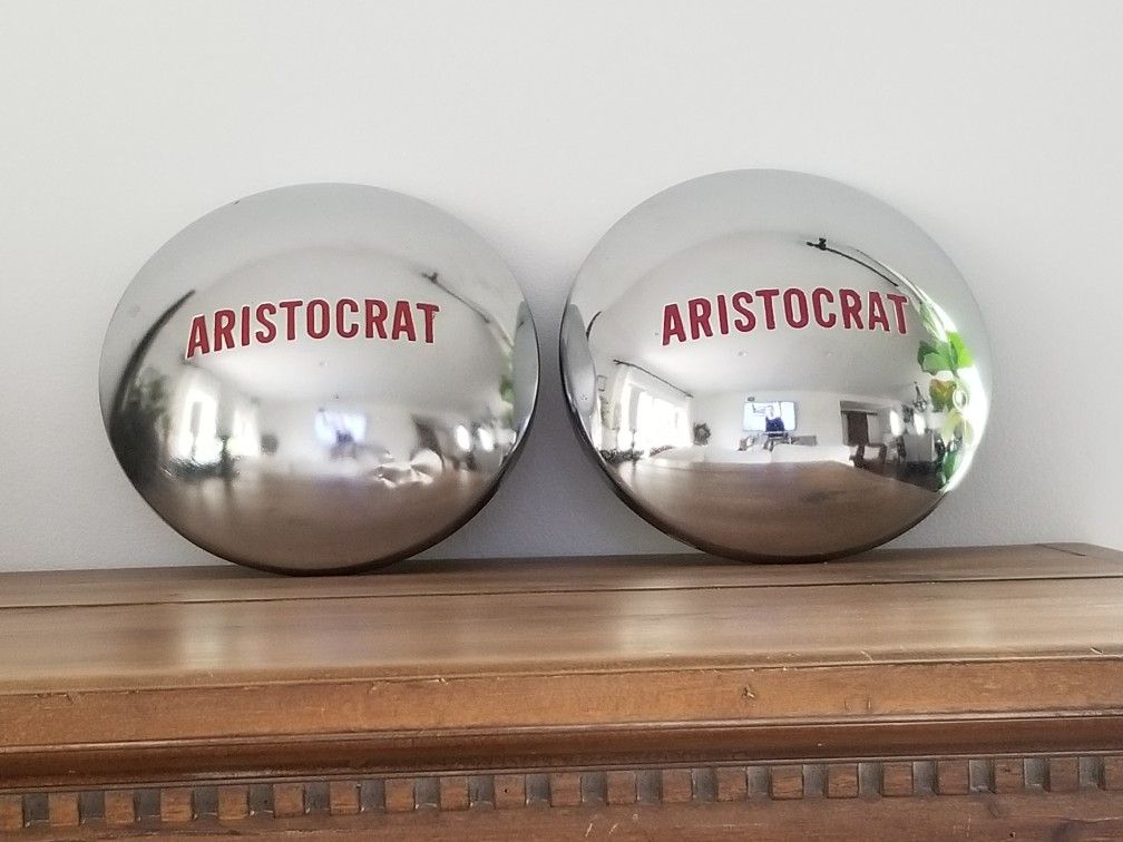 Two Vintage Aristocrat RV Travel Trailer 10 1/2" Hubcaps