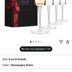 Set of 4 ELIXIR GLASSWARE Champagne Flutes 6oz, Premium Crystal