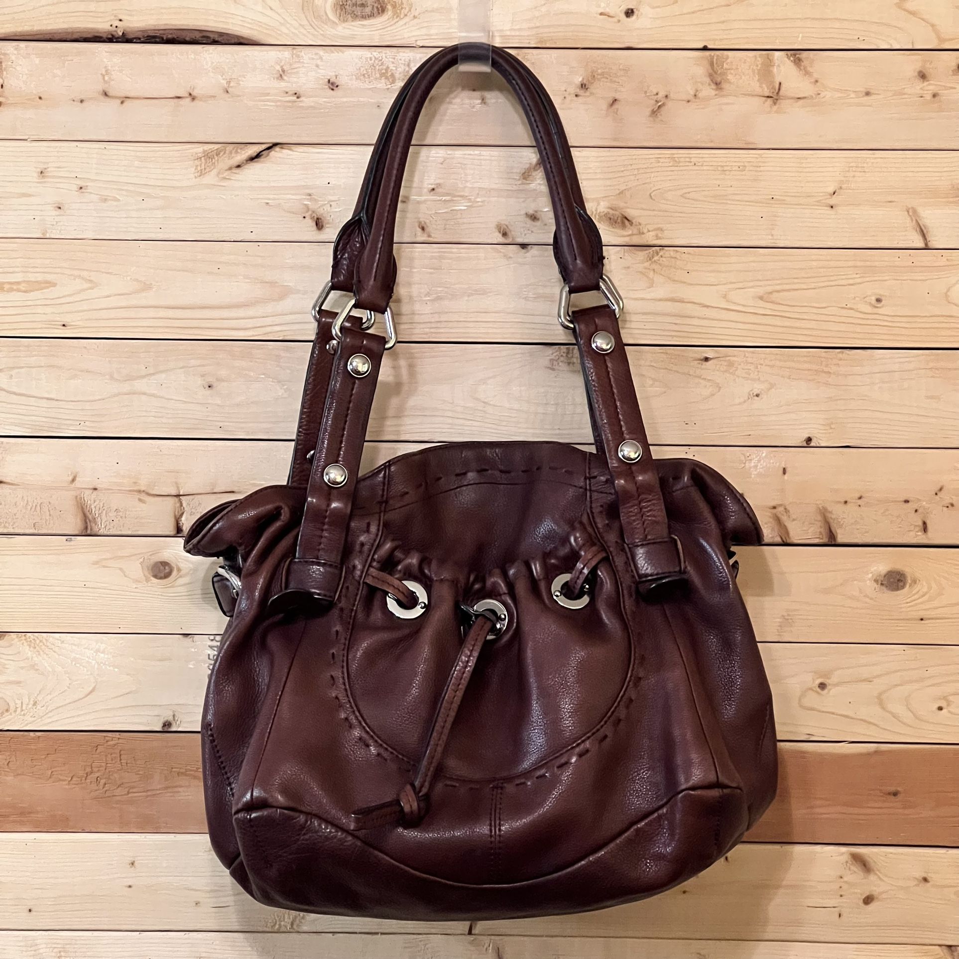 B. Makowsky Brown Leather Silverware Magnetic Closure hobo Shoulder Bag