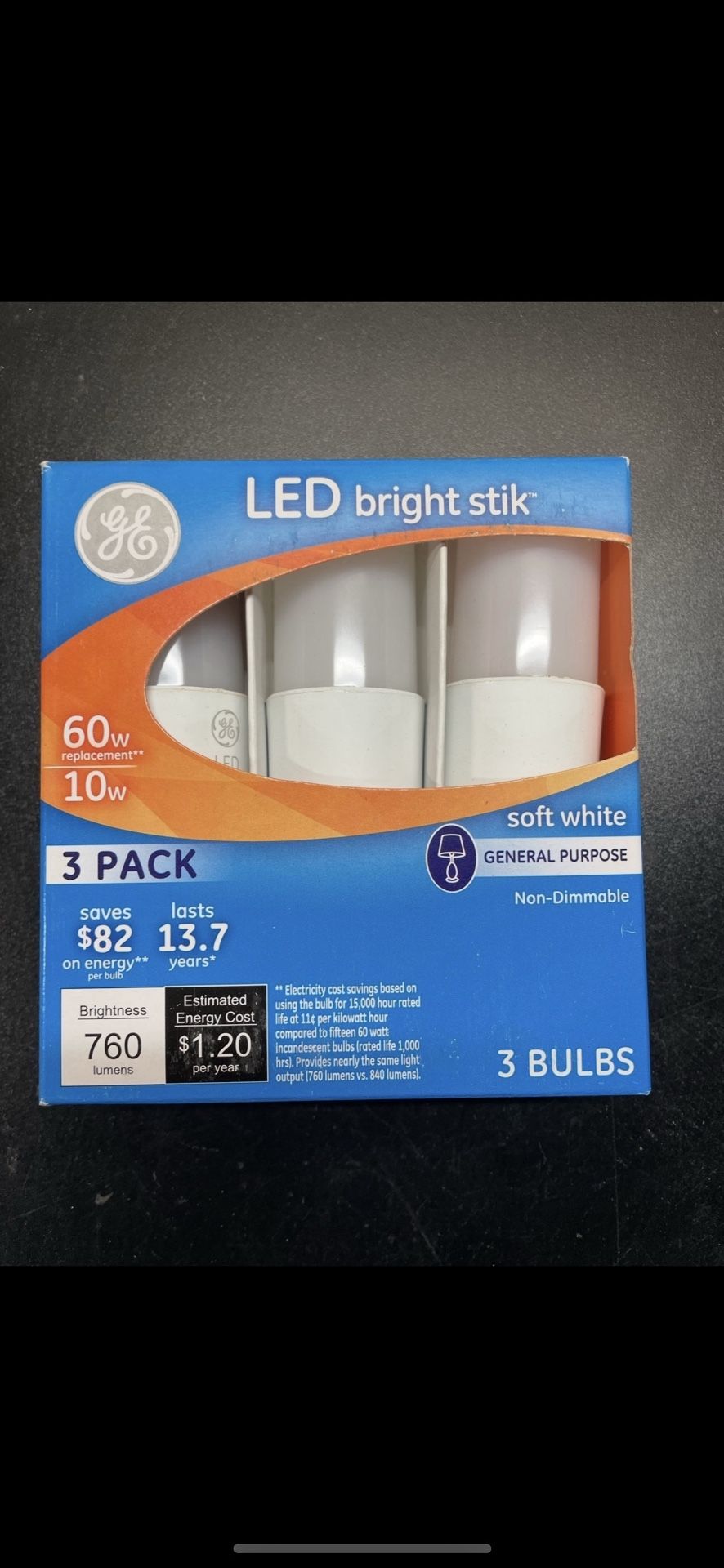 GE Lighting 79368 LED Bright Stik 10-watt (60-Watt Replacement), 760- Lumen Light Bulb Non-Dimmable with Medium Base, Soft White, 1 Box contains x3 bu