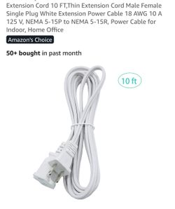 Extension Cord 10 FT,Thin Extension Cord Male Female Single Plug White Extension Power Cable 18 AWG 10 A 125 V, NEMA 5-15P to NEMA 5-15R, Power Cable