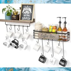 Coffee Station Organizer 2pk. Wall Shelves with Metal Bar Brackets for Mugs. New, in box. 
