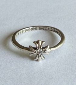 Chrome Hearts Sterling Silver Floral Cross Ring with Clear Center Stone