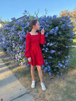 Girls Red Smocked Long Sleeve Dress Ruffle Holiday Party Size L 10/12 Art Class