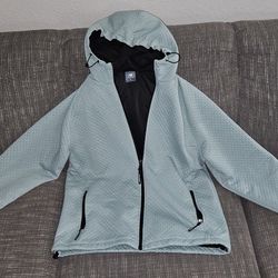 New Balance Unisex Size Medium Quilted Soft Blue Hooded Jacket Hoodie Zip-Up Hood Cinching