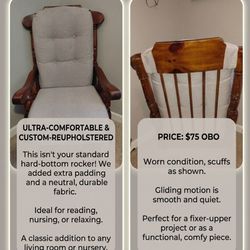 Custom-Reupholstered Wooden Glider Rocking Chair