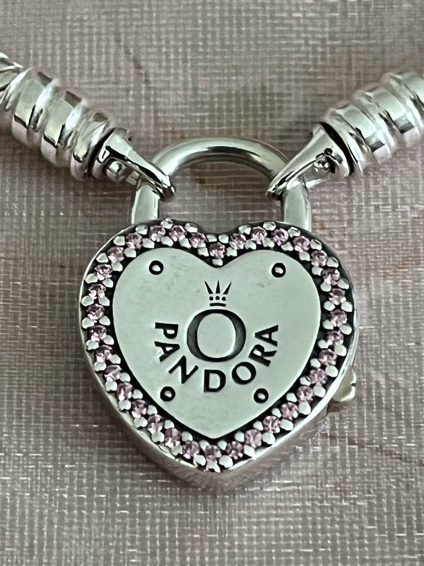 Pandora - Authentic “Lock Your Promise” Fancy Pink CZ & 925 Sterling Silver Heart Bracelet, Size 7”
