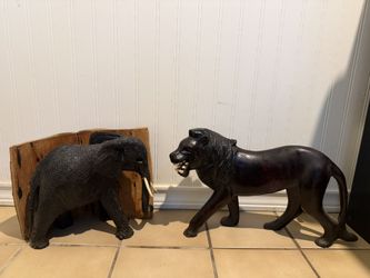 Hand-Carved African Solid Wooden Elephant and Lion