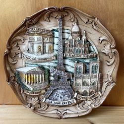 Vtg Paris 3D Landmarks 9.25” Wood-Like Resin Round Decor Souvenir Wall Plaque