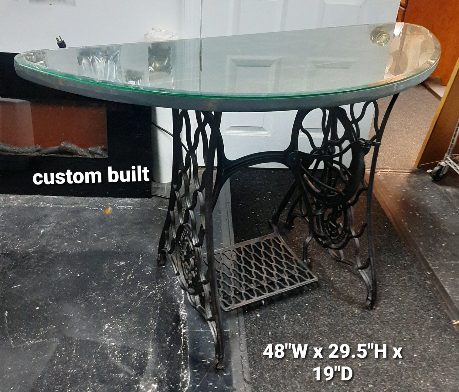 Singer Sewing Machine Custom Table / Half Moon Gray Table / Custom Foyer Glass Top Table
