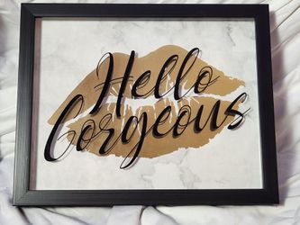 14x11 HELLO GORGEOUS Black Shadow Box Gold Metallic Lips Marble Background HOT!