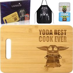 Luxxis Star Wars Kitchen Cutting Board Cooking Accessories - Yoda Best Cook Ever Laser Engraved Bamboo Kitchen Gifts Set- Premium Cookware Apron - Cut