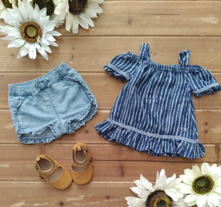 12MOS 2-PIECE OUTFIT NAVY BLUE STRIPED OFF THE SHOULDER FRILLY TUNIC W/CHAMBRAY SHORTS 