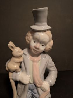 Clown Figurine with Rabbit Cane Top Hat Pink Scarf