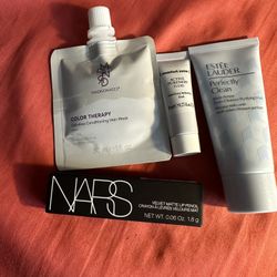 4 beauty products. Estée Lauder, Nars Matte Lip Pencil, Madisonreed hair mask, Comfort Zone