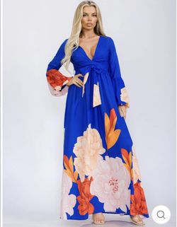 WOMEN'S LONG BELL SLEEVE V-NECK SELF TIE FLORAL PRINT MAXI DRESS-ROYAL