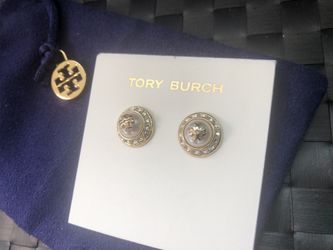 Auth NEW Stunning Tory Burch T-Logo Natalie Stud Earrings Pearl GOLD w/Dust Bag