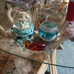 Trio Of Ocean Music Box Snow Globe Dolphins Inside, Seashell Glass And Gel Candle