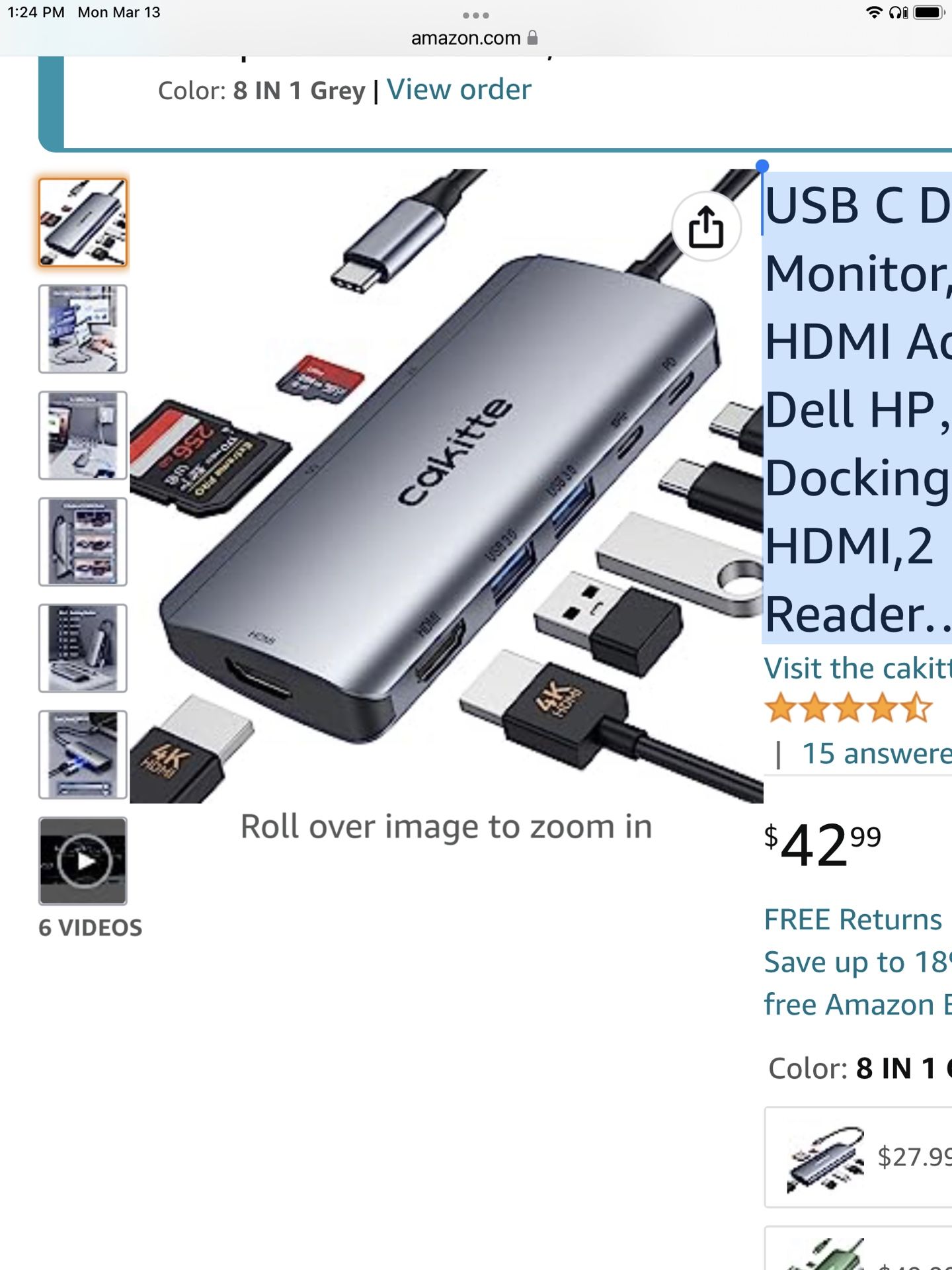 USB C Docking Station Dual Monitor, Cakitte USB C to Dual HDMI Adapter USB C Hub for Dell HP,8- in -1 Laptop Docking Station with Dual 4K HDMI,2 USB ,