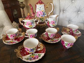 Porcelain Floral Tea Set with Gold Accents