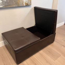 47” Espresso Brown Split-Top Tufted Ottoman- Faux Leather Storage Ottoman w/ Hydraulic Dual Lift