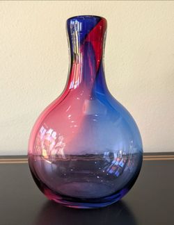 Signed Adam Jablonski Blue & Pink Art Glass Decanter, Hand Blown Polish Glass