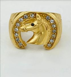 Mens Stainless-Steel,Horse Head,Horseshoe.Cubic Zirconia Ring Gold plated Box