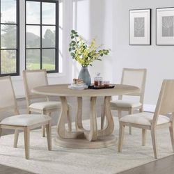 5 Piece Round Dining Set in Beautiful Light Wire Brushed  Wood Finish