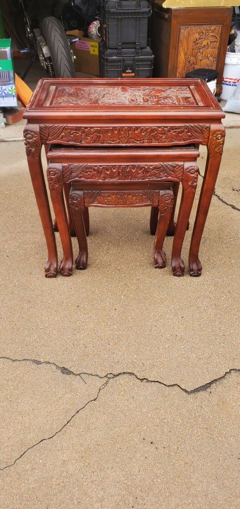 Carved Wooden Nesting End Tables
