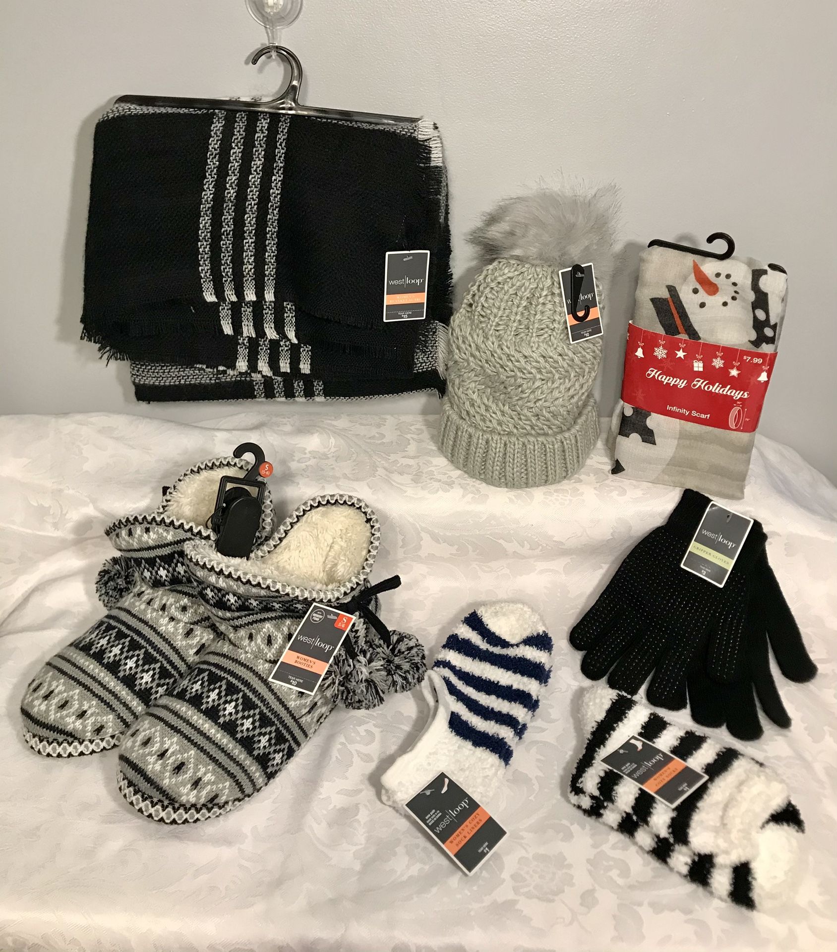 All Brand New W Tags Ladies Winter Set: 2 Scarves, Bootie Slippers, Pom Hat, 2 Pair Socks & Gloves