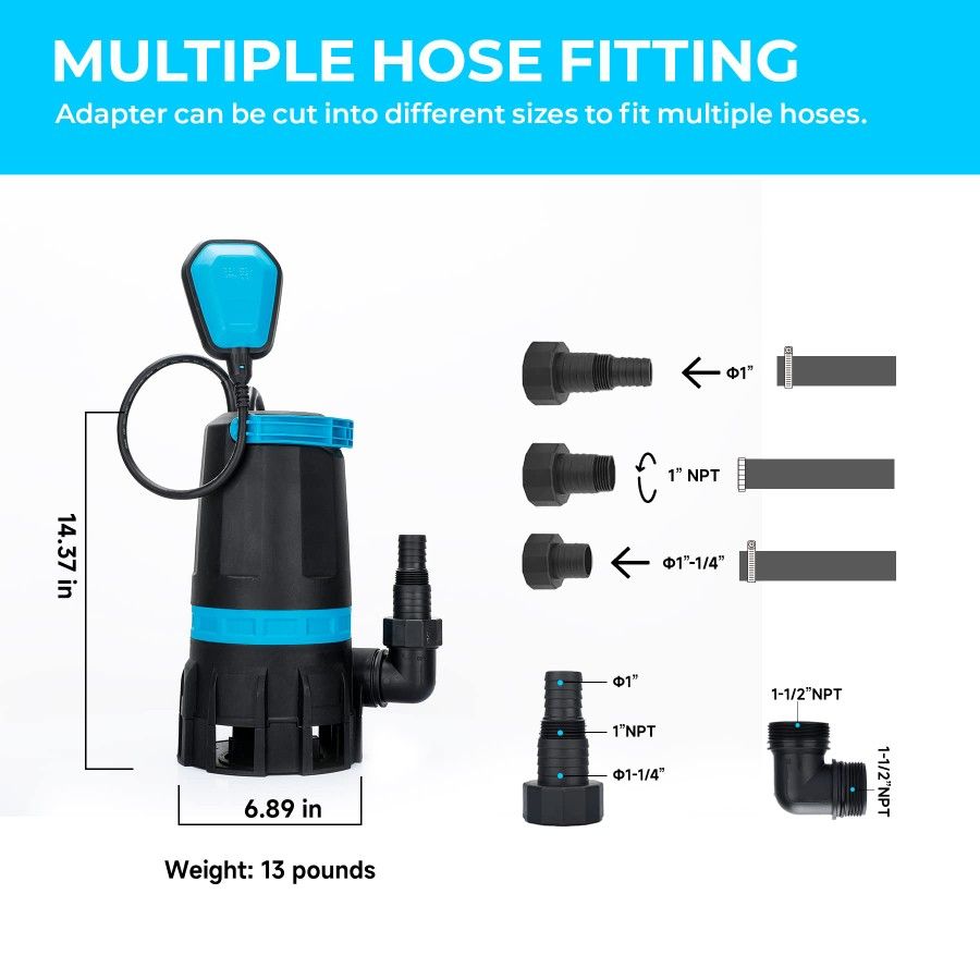 BOMGIE 1.3HP 5280GPH Sump Pump Submersible with Automatic Float Switch, Clean/Dirty Water Switching Disc Utility Water Pumps Removal for Pools, Baseme
