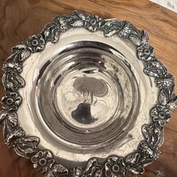 Vintage Sterling Silver Dish 925 Floral Repousse Rim Monogrammed Nut Candy Dish