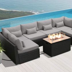 Outdoor Wicker Sectional Sofa with Gas/Propane Fire Pit Table Outdoor Patio Furniture Sets (Light Gra