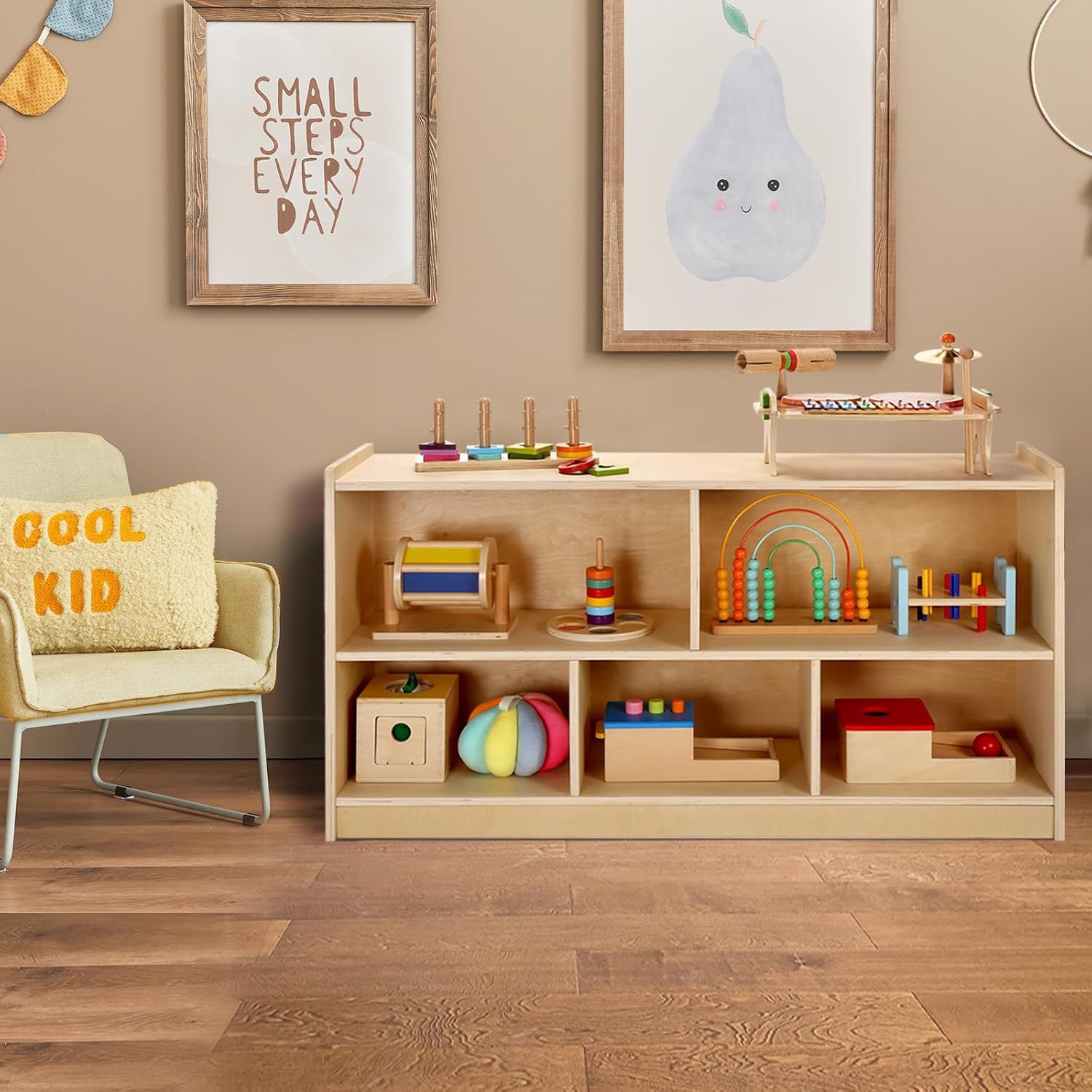 wingyz Wooden Storage Cabinet, 5-Section Montessori Bookshelf, Kids Toy Storage Organizer Book Shelf for Kids Rooms, Classroom, Playroom, Nursery, Pre