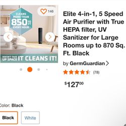 Germ guardian Air Purifier with True HEPA filter, UV Sanitizer for Large Rooms up to 870 Sq. Ft. 