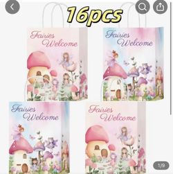 16 Pcs Fairy Party Favor Bags with Handles, Woodland Mushroom Goodie Gift Candy Treat Paper Bags