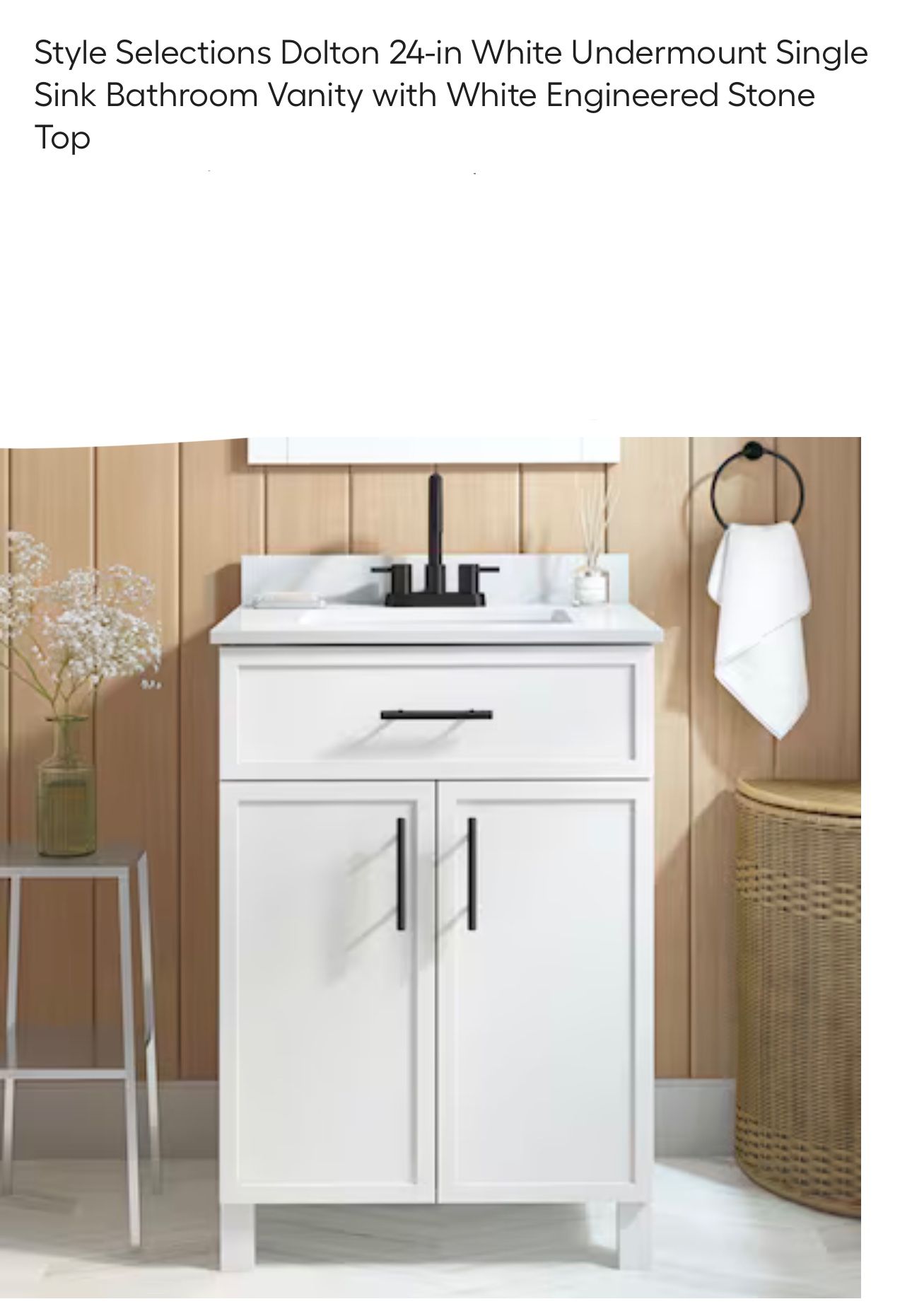 Style Selections Dolton 24-in White Undermount Single Sink Bathroom Vanity with White Engineered Stone Top Delta Sparrow Black Matte Black 4-in center